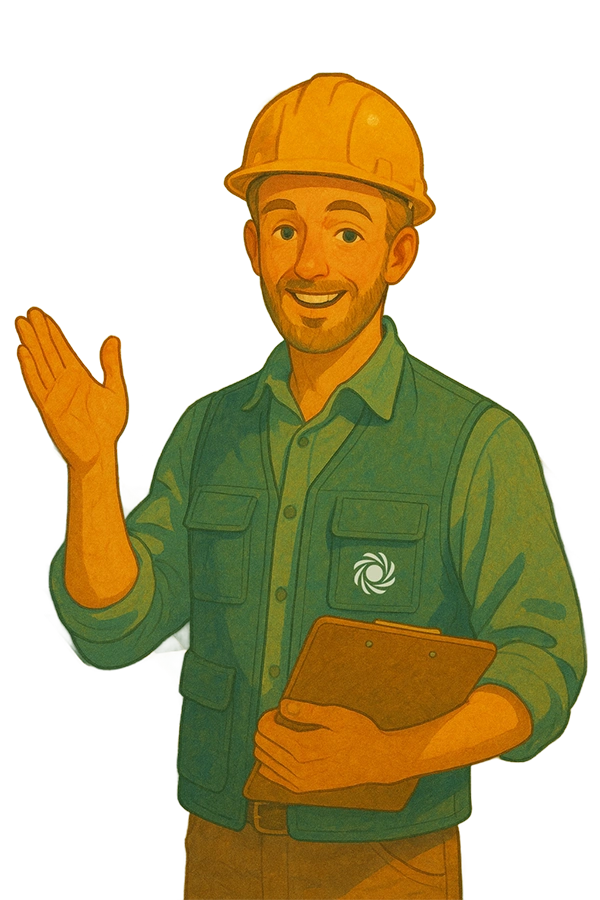 ingeniero-sinfondo- logomin Ilustración de un técnico o ingeniero sonriente con casco de seguridad amarillo y uniforme verde, sosteniendo una carpeta y saludando con una mano levantada. Lleva el logo de Inernova en el chaleco.